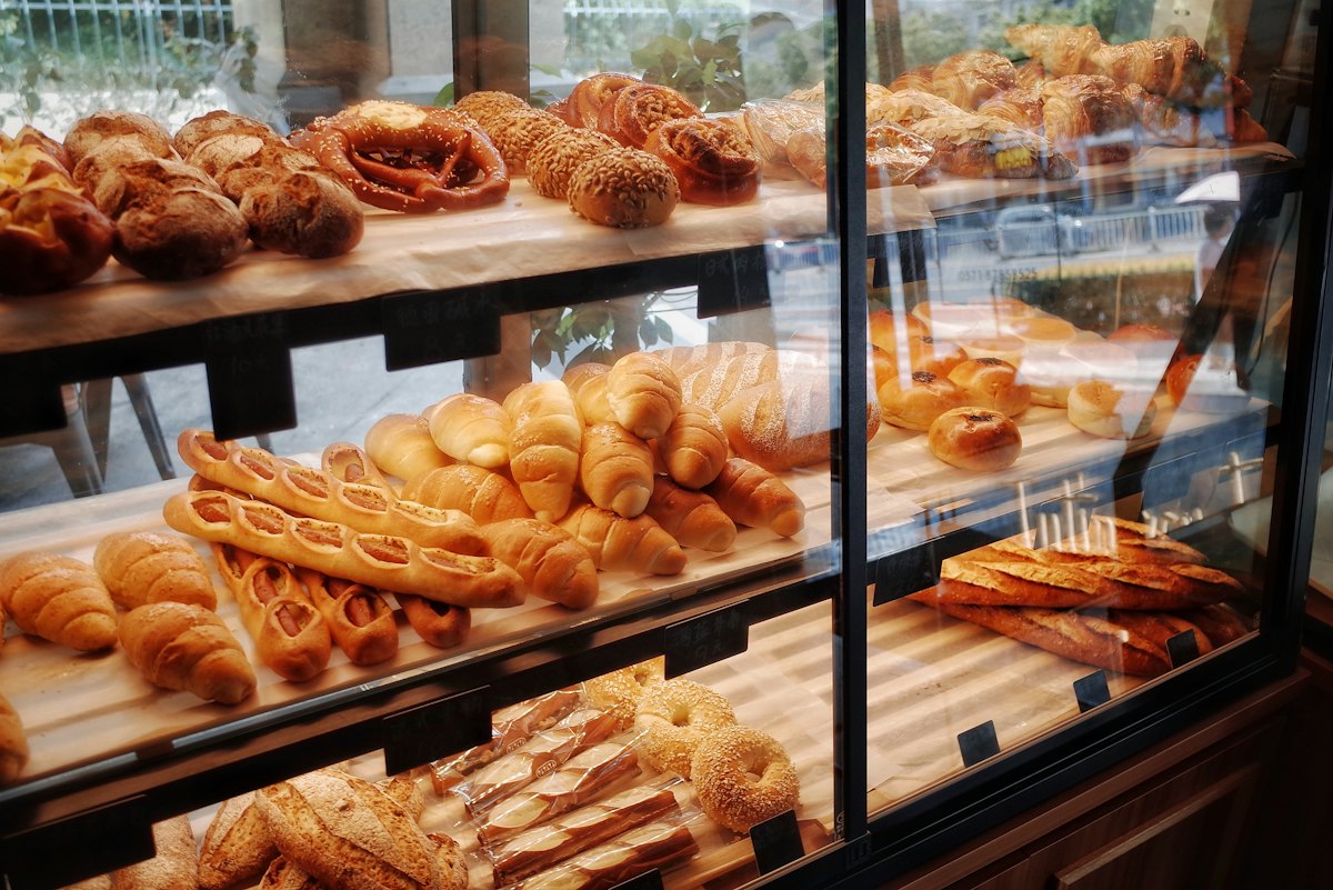 Pastries on a display shelf